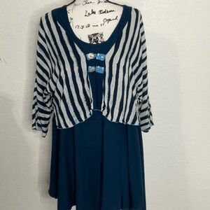 538- Lyng NWOT Blue Mini Dress with Striped Cardigan, Size Medium.